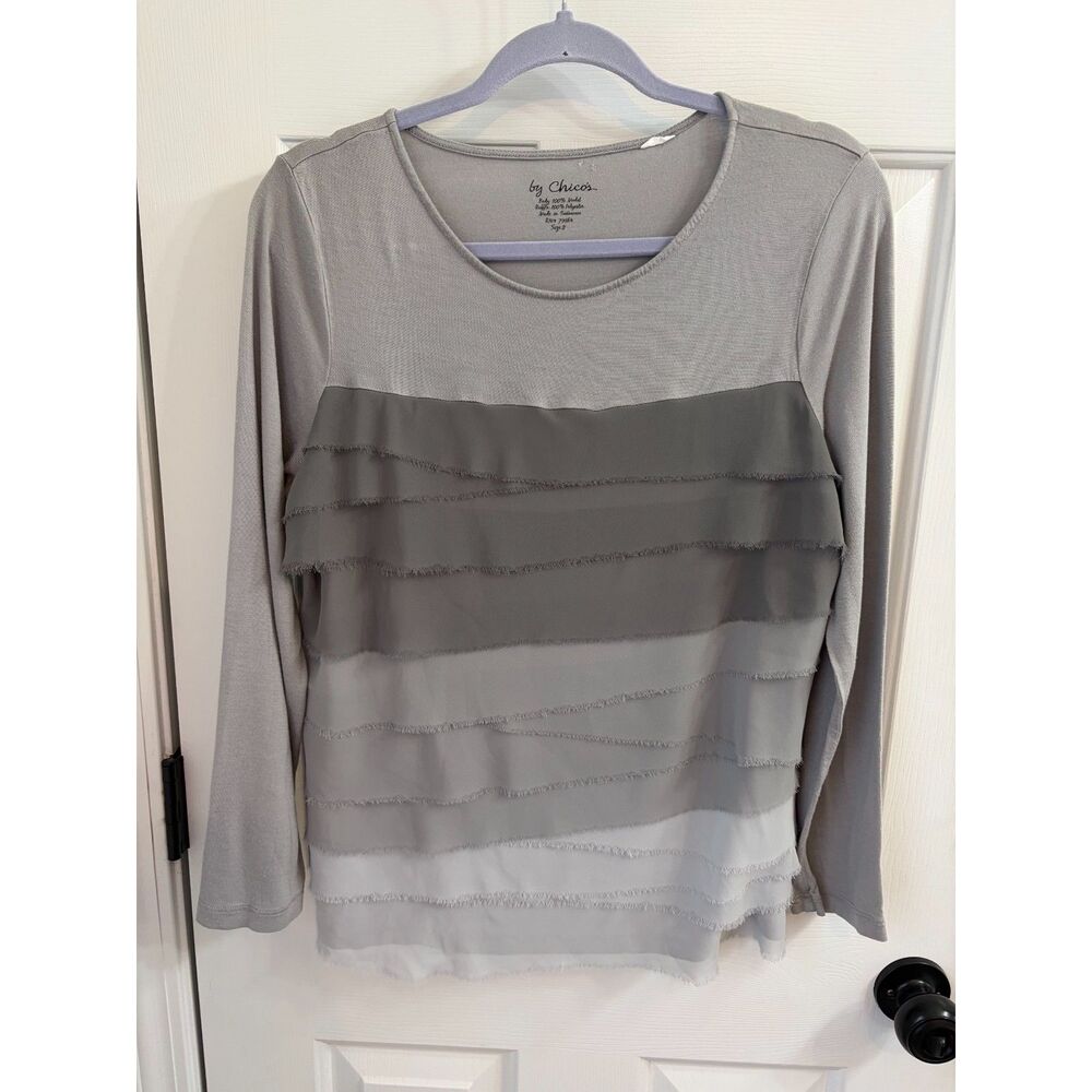Chico's Ruffle Lagenlook Gray Ombre Sweater Cardigan Womens Size 2 Large
